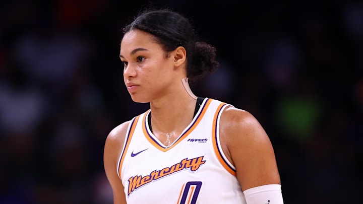 Aug 28, 2025; Phoenix, Arizona, USA; Phoenix Mercury forward Satou Sabally (0) against the Chicago Sky at Phx Arena. Mandatory Credit: Mark J. Rebilas-Imagn Images