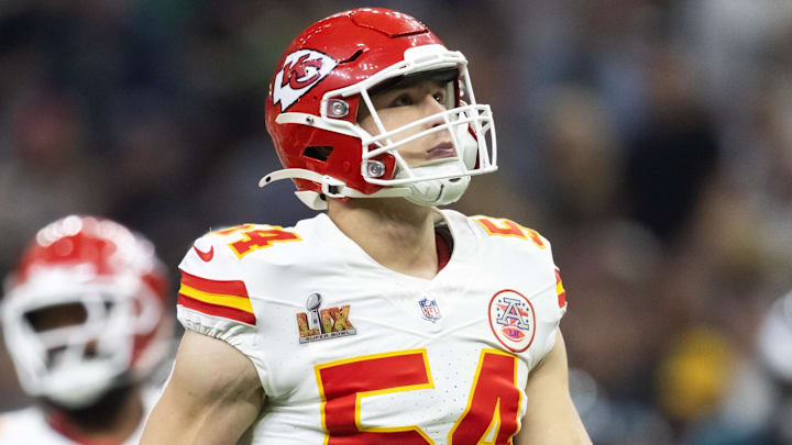 Feb 9, 2025; New Orleans, LA, USA;  Kansas City Chiefs linebacker Leo Chenal (54) against the Philadelphia Eagles in Super Bowl LIX at Ceasars Superdome. Mandatory Credit: Mark J. Rebilas-Imagn Images