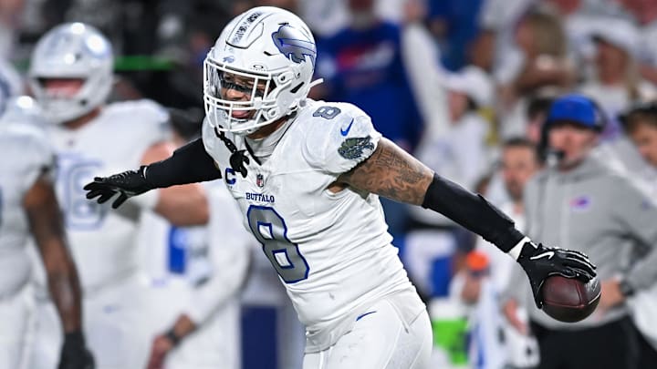 Buffalo Bills linebacker Terrel Bernard (8) celebrates recovering a New England Patriots fumble.