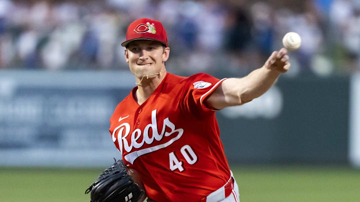 Mar 12, 2026; Phoenix, Arizona, USA; Cincinnati Reds pitcher Nick Lodolo against the Los Angeles Dodgers during a spring training game at Camelback Ranch-Glendale. Mandatory Credit: Mark J. Rebilas-Imagn Images