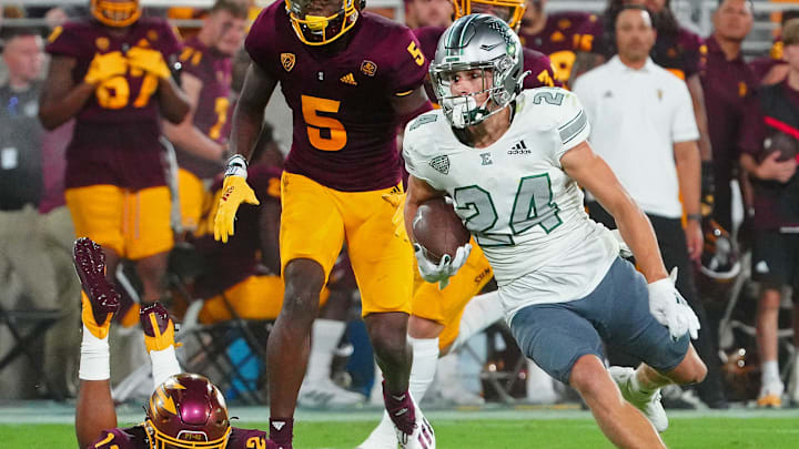 September 17, 2022; Tempe, Arizona; USA; Eastern Michigan wide receiver Tanner Knue (24) breaks a