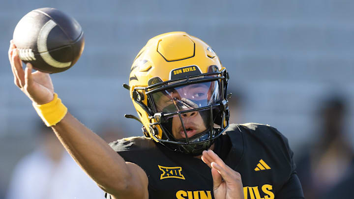 Oct 25, 2025; Tempe, Arizona, USA; Arizona State Sun Devils quarterback Cameron Dyer (13) against the Houston Cougars at Mountain America Stadium. Mandatory Credit: Mark J. Rebilas-Imagn Images