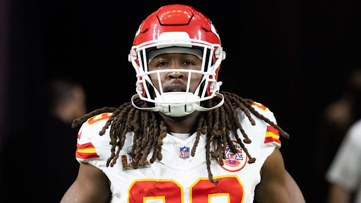 Feb 9, 2025; New Orleans, LA, USA;  Kansas City Chiefs running back Kareem Hunt (29) against the Philadelphia Eagles in Super Bowl LIX at Ceasars Superdome. Mandatory Credit: Mark J. Rebilas-Imagn Images