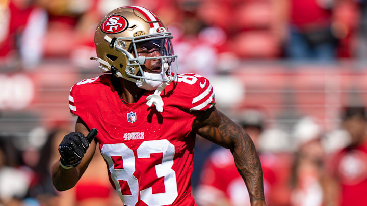August 18, 2024; Santa Clara, California, USA; San Francisco 49ers wide receiver Jacob Cowing (83) before the game against the New Orleans Saints at Levi's Stadium. Mandatory Credit: Kyle Terada-Imagn Images