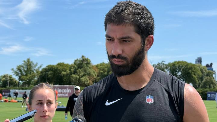 Eagles outside linebacker A.J. Epenesa talks to reporters after training camp practice on Aug. 4, 2026. Eagles outside linebacker A.J. Epenesa talks to reporters after training camp practice on Aug. 4, 2026.