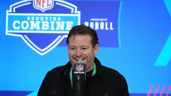 Feb 27, 2024; Indianapolis, IN, USA; Seattle Seahawks general manager John Schneider speaks at a press conference at the NFL Scouting Combine at Indiana Convention Center. Feb 27, 2024; Indianapolis, IN, USA; Seattle Seahawks general manager John Schneider speaks at a press conference at the NFL Scouting Combine at Indiana Convention Center.