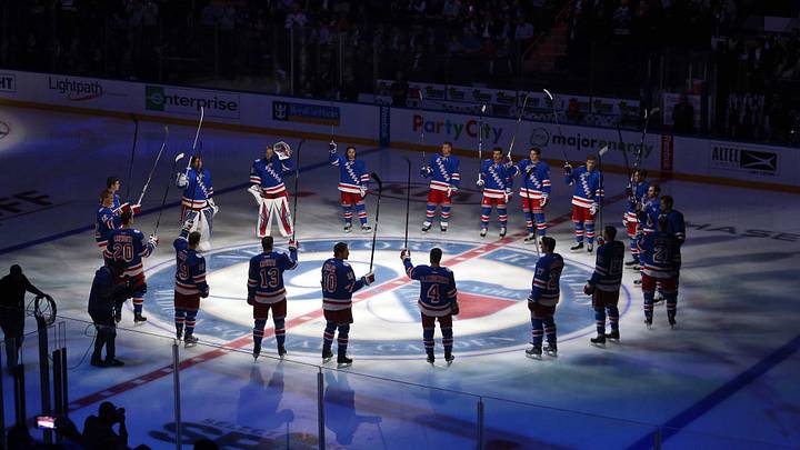 Oct 13, 2016; New York, NY, USA; The New York Rangers salute their fans before an opening night game against the New York Islanders at Madison Square Garden. Mandatory Credit: Brad Penner-USA TODAY Sports Oct 13, 2016; New York, NY, USA; The New York Rangers salute their fans before an opening night game against the New York Islanders at Madison Square Garden. Mandatory Credit: Brad Penner-USA TODAY Sports