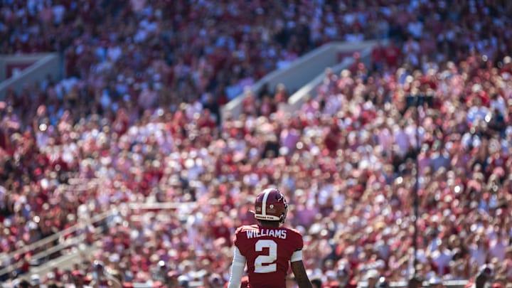 Oct 12, 2024; Tuscaloosa, Alabama, USA; Alabama Crimson Tide wide receiver Ryan Williams (2) looks toward the crowd during the fourth quarter at Bryant-Denny Stadium. Oct 12, 2024; Tuscaloosa, Alabama, USA; Alabama Crimson Tide wide receiver Ryan Williams (2) looks toward the crowd during the fourth quarter at Bryant-Denny Stadium.