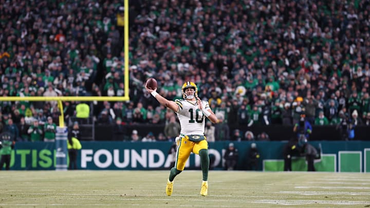 Green Bay Packers quarterback Jordan Love (10) passes the ball against the Philadelphia Eagles in an NFC wild card game. Green Bay Packers quarterback Jordan Love (10) passes the ball against the Philadelphia Eagles in an NFC wild card game.