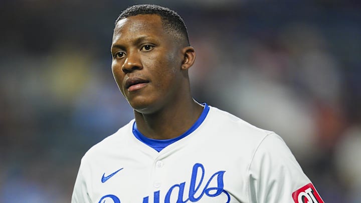 Aug 21, 2024; Kansas City, Missouri, USA; Kansas City Royals center fielder Dairon Blanco (44) reacts during the seventh inning against the Los Angeles Angels at Kauffman Stadium. Mandatory Credit: Jay Biggerstaff-Imagn Images Aug 21, 2024; Kansas City, Missouri, USA; Kansas City Royals center fielder Dairon Blanco (44) reacts during the seventh inning against the Los Angeles Angels at Kauffman Stadium. Mandatory Credit: Jay Biggerstaff-Imagn Images