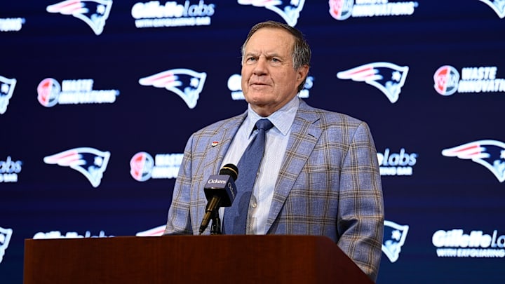 Jan 11, 2024; Foxborough, MA, USA; New England Patriots former head coach Bill Belichick holds a press conference at Gillette Stadium to announce his exit from the team. Mandatory Credit: Eric Canha-Imagn Images