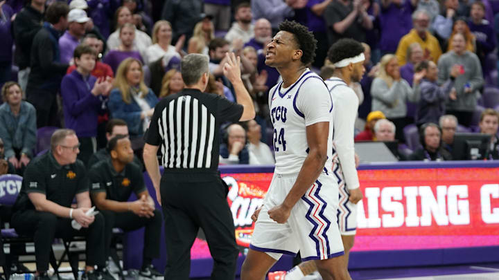 Feb 10, 2026; Fort Worth, Texas, USA;  TCU Horned Frogs forward Xavier Edmonds (24) reacts to a foul call in the games closing second against the Iowa State Cyclones during the second half at Ed and Rae Schollmaier Arena. Mandatory Credit: Raymond Carlin III-Imagn Images
