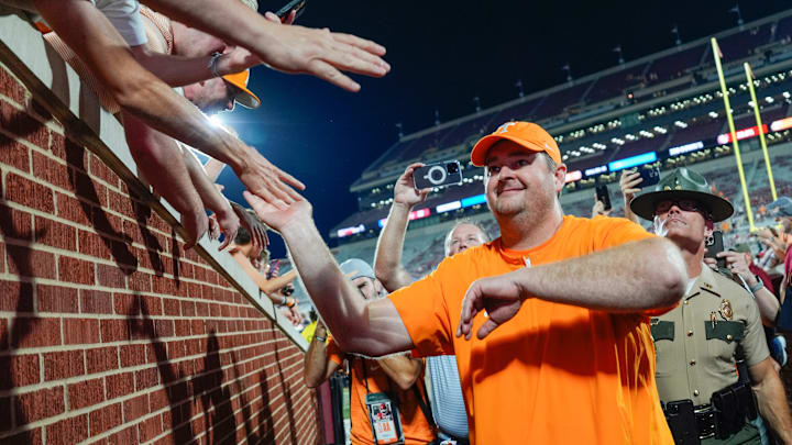 Tennessee coach Josh Heupel celebrates after a college football game between the University of Oklahoma Sooners (OU) and the Tennessee Volunteers at Gaylord Family - Oklahoma Memorial Stadium in Norman, Okla., Saturday, Sept. 21, 2024. Tennessee coach Josh Heupel celebrates after a college football game between the University of Oklahoma Sooners (OU) and the Tennessee Volunteers at Gaylord Family - Oklahoma Memorial Stadium in Norman, Okla., Saturday, Sept. 21, 2024.