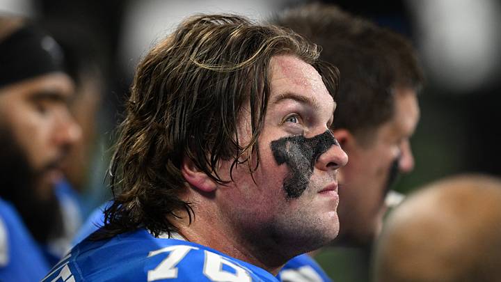 Sep 13, 2026; Detroit, Michigan, USA;  Detroit Lions offensive tackle Blake Miller (76)) sits on the bench during the second quarter against the New Orleans Saints at Ford Field.  Mandatory Credit: Lon Horwedel-Imagn Images