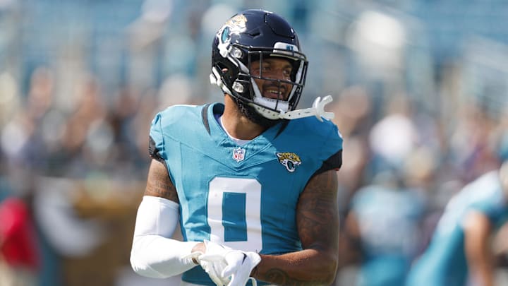 Oct 27, 2024; Jacksonville, Florida, USA; Jacksonville Jaguars wide receiver Gabe Davis (0) before the game against the Green Bay Packers at EverBank Stadium. Mandatory Credit: Morgan Tencza-Imagn Images