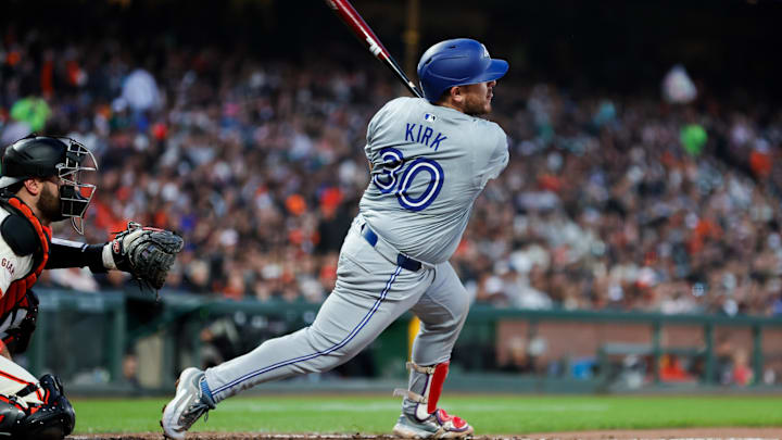 Jul 10, 2024; San Francisco, California, USA; Toronto Blue Jays catcher Alejandro Kirk (30) hits a RBI single during the sixth inning against the San Francisco Giants at Oracle Park. Jul 10, 2024; San Francisco, California, USA; Toronto Blue Jays catcher Alejandro Kirk (30) hits a RBI single during the sixth inning against the San Francisco Giants at Oracle Park.