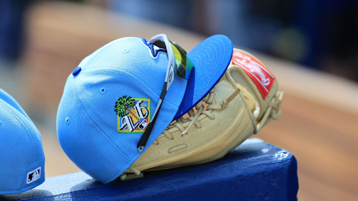 Feb 27, 2026; Port Charlotte, Florida, USA; A detail view of Toronto Blue Jays spring training hat during the first inning against the Tampa Bay Rays at Charlotte Sports Park. Mandatory Credit: Kim Klement Neitzel-Imagn Images