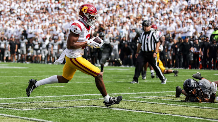 Sep 30, 2023; Boulder, Colorado, USA; USC Trojans wide receiver Brenden Rice (2) runs for a