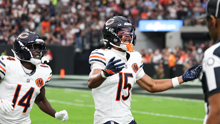 Sep 28, 2025; Paradise, Nevada, USA; Chicago Bears wide receiver Rome Odunze (15) celebrates a successful two point conversion against the Las Vegas Raiders at Allegiant Stadium. Mandatory Credit: Kiyoshi Mio-Imagn Images