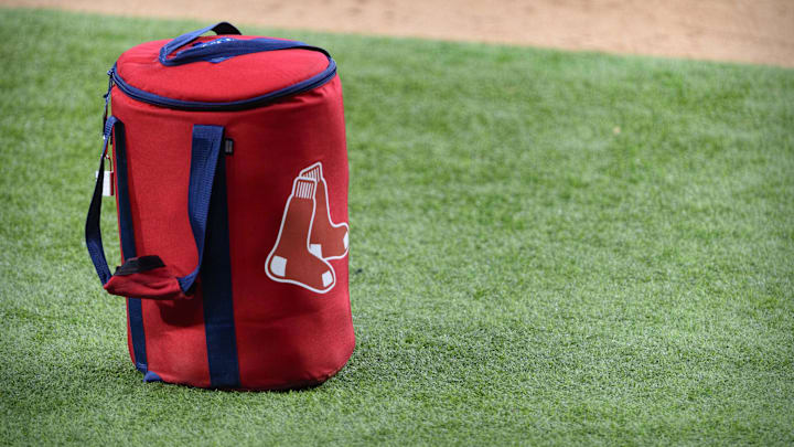 Apr 29, 2021; Arlington, Texas, USA; A view of the Boston Red Sox logo and a field bag during batting practice before the game between the Texas Rangers and the Boston Red Sox at Globe Life Field. Mandatory Credit: Jerome Miron-Imagn Images