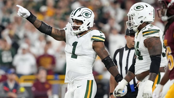 Sep 11, 2025; Green Bay, Wisconsin, USA;  Green Bay Packers defensive end Micah Parsons (1) reacts in the first quarter against the Washington Commanders at Lambeau Field. Mandatory Credit: Jeff Hanisch-Imagn Images