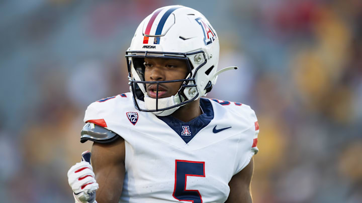 Nov 25, 2023; Tempe, Arizona, USA; Arizona Wildcats wide receiver Montana Lemonious-Craig (5) against the Arizona State Sun Devils during the Territorial Cup at Mountain America Stadium. Mandatory Credit: Mark J. Rebilas-Imagn Images