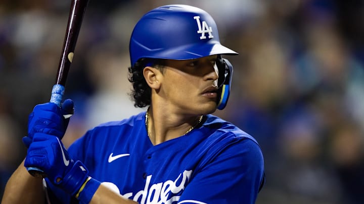 Mar 4, 2023; Surprise, Arizona, USA; Los Angeles Dodgers catcher Diego Cartaya against the Kansas City Royals during a spring training game at Surprise Stadium.