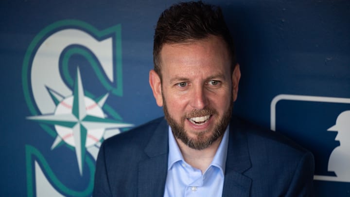 Oct 2, 2022; Seattle, Washington, USA; Justin Hollander, the new Seattle Mariners General Manager is interviewed prior to the game against the Oakland Athletics at T-Mobile Park. Mandatory Credit: Steven Bisig-Imagn Images