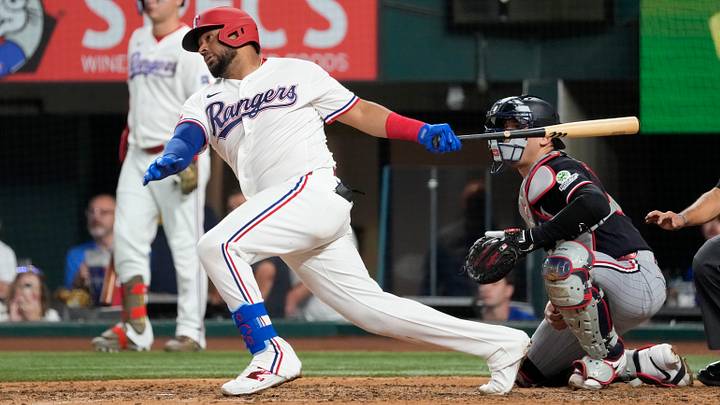 Jun 16, 2026; Arlington, Texas, USA; Texas Rangers catcher Elias Diaz follows through on his RBI double against the Minnesota Twins during the fifth inning at Globe Life Field. Mandatory Credit: Jim Cowsert-Imagn Images Jun 16, 2026; Arlington, Texas, USA; Texas Rangers catcher Elias Diaz follows through on his RBI double against the Minnesota Twins during the fifth inning at Globe Life Field. Mandatory Credit: Jim Cowsert-Imagn Images