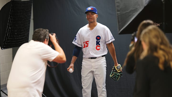 Pitcher Eduardo Salazar has his photo taken for OKC Baseball Club media day at the Chickasaw Bricktown Ballpark Wednesday, March 27, 2024.