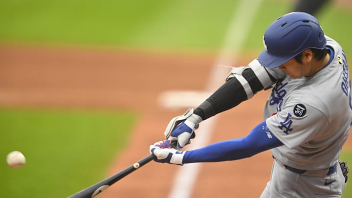 Cleveland, Ohio, USA; Los Angeles Dodgers designated hitter Shohei Ohtani (17) hits a two-run home run in the fourth inning against the Cleveland Guardians at Progressive Field. Cleveland, Ohio, USA; Los Angeles Dodgers designated hitter Shohei Ohtani (17) hits a two-run home run in the fourth inning against the Cleveland Guardians at Progressive Field.