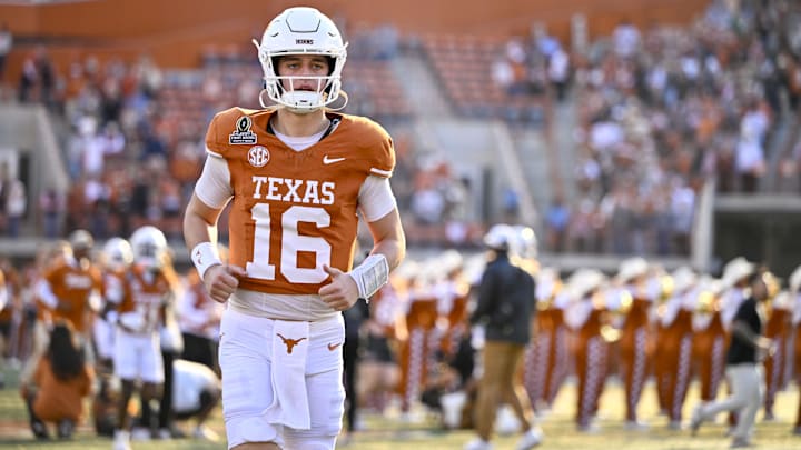 Dec 21, 2024; Austin, Texas, USA; Texas Longhorns quarterback Arch Manning (16) takes the field before the game between the Texas Longhorns and the Clemson Tigers in the CFP National Playoff First Round at Darrell K Royal-Texas Memorial Stadium. Dec 21, 2024; Austin, Texas, USA; Texas Longhorns quarterback Arch Manning (16) takes the field before the game between the Texas Longhorns and the Clemson Tigers in the CFP National Playoff First Round at Darrell K Royal-Texas Memorial Stadium.