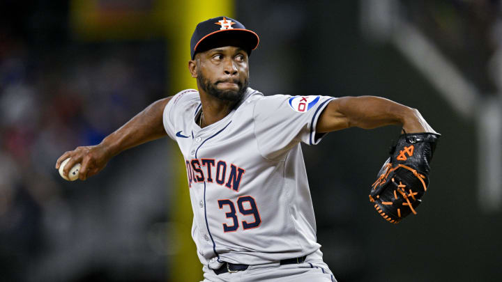 Apr 5, 2024; Arlington, Texas, USA; Houston Astros relief pitcher Miguel Diaz (39) pitches during