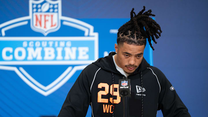 Feb 27, 2026; Indianapolis, IN, USA; Southern California wideout Makai Lemon (WO29) speaks to members of the media during the NFL Combine at the Indiana Convention Center. Mandatory Credit: Jacob Musselman-Imagn Images