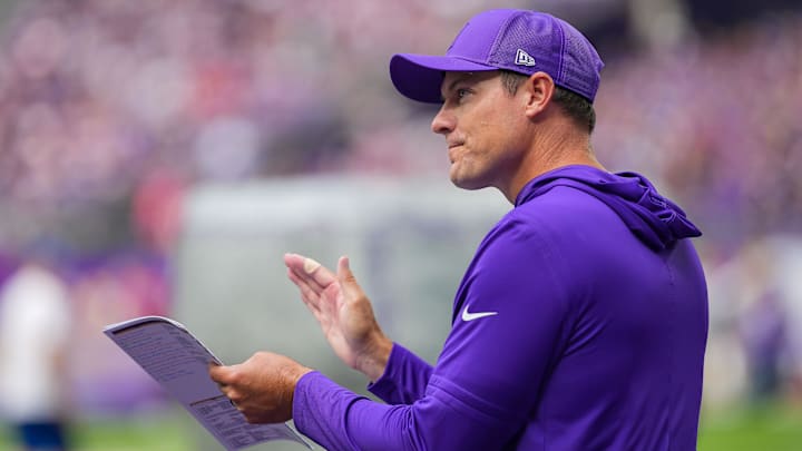 Aug 9, 2025; Minneapolis, Minnesota, USA; Minnesota Vikings head coach Kevin O'Connell claps to the crowd before the game against the Houston Texans at U.S. Bank Stadium.