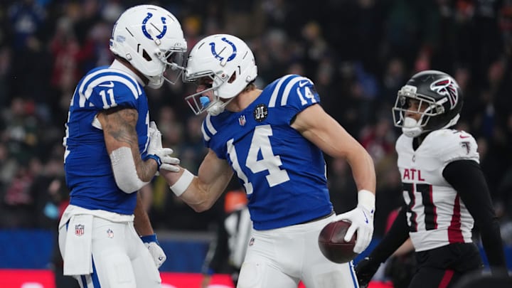 Nov 9, 2025; Berlin, Germany; Indianapolis Colts wide receiver Alec Pierce (14) and Indianapolis Colts wide receiver Michael Pittman Jr. (11) react against the Atlanta Falcons during the NFL Berlin Game at Olympic Stadium. Nov 9, 2025; Berlin, Germany; Indianapolis Colts wide receiver Alec Pierce (14) and Indianapolis Colts wide receiver Michael Pittman Jr. (11) react against the Atlanta Falcons during the NFL Berlin Game at Olympic Stadium.