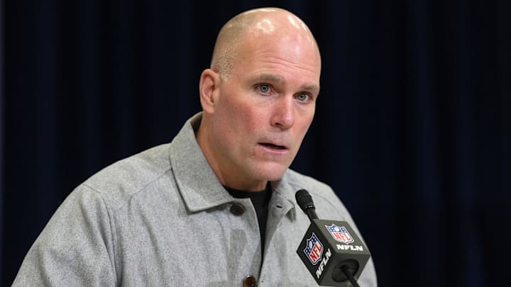 Feb 24, 2026; Indianapolis, IN, USA; Baltimore Ravens general manager Eric DeCosta speaks at the NFL Scouting Combine at the Indiana Convention Center. Mandatory Credit: Kirby Lee-Imagn Images