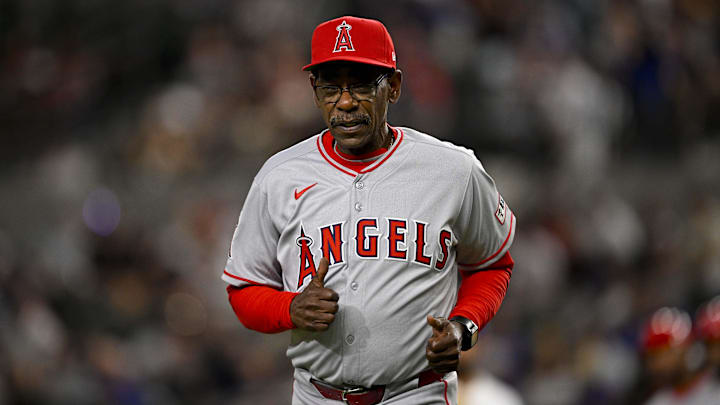 Apr 15, 2025; Arlington, Texas, USA; Los Angeles Angels manager Ron Washington trots back to the dugout during the eighth inning against the Texas Rangers at Globe Life Field. All MLB players will be wearing the number 42 on Jackie Robinson Day to commemorate Robinson making his major league debut in 1947. Mandatory Credit: Jerome Miron-Imagn Images Apr 15, 2025; Arlington, Texas, USA; Los Angeles Angels manager Ron Washington trots back to the dugout during the eighth inning against the Texas Rangers at Globe Life Field. All MLB players will be wearing the number 42 on Jackie Robinson Day to commemorate Robinson making his major league debut in 1947. Mandatory Credit: Jerome Miron-Imagn Images