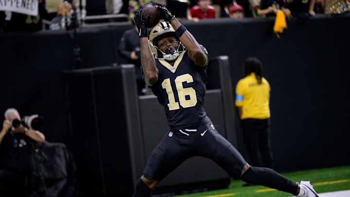 New Orleans Saints wide receiver Bub Means (16) catches a touchdown pass against the Tampa Bay Buccaneers