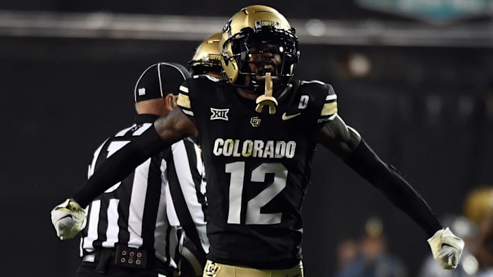 Sep 21, 2024; Boulder, Colorado, USA; Colorado Buffaloes wide receiver Travis Hunter (12) celebrates after a reception during the second half against the Baylor Bears at Folsom Field. Mandatory Credit: Christopher Hanewinckel-Imagn Images Sep 21, 2024; Boulder, Colorado, USA; Colorado Buffaloes wide receiver Travis Hunter (12) celebrates after a reception during the second half against the Baylor Bears at Folsom Field. Mandatory Credit: Christopher Hanewinckel-Imagn Images