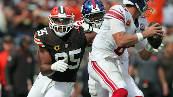 Cleveland Browns defensive end Myles Garrett (95) closes in on New York Giants quarterback Daniel Jones (8) during the second half of an NFL football game at Huntington Bank Field, Sunday, Sept. 22, 2024, in Cleveland, Ohio.