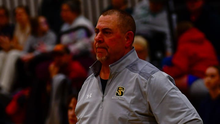 Sauk Rapids girls basketball coach Brett Vesel watches a play during a game Sept. 16, 2025 at home against Sartell. The Storm lost 67-28.