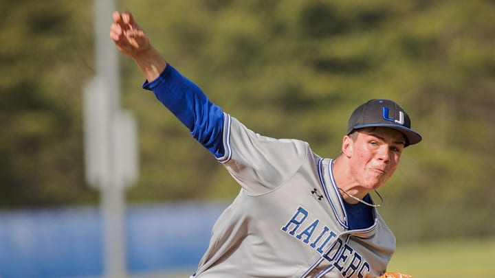 U-32 senior Owen Kellington fires a pitch vs. Lamoille in East Montpelier on Tuesday, May 18,