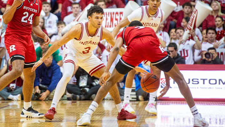 Indiana's Anthony Leal (3) guards Rutgers' Ace Bailey (4) during the Indiana versus Rutgers men's basketball game at Simon Skjodt Assembly Hall on Thursday, Jan. 2, 2025. Indiana's Anthony Leal (3) guards Rutgers' Ace Bailey (4) during the Indiana versus Rutgers men's basketball game at Simon Skjodt Assembly Hall on Thursday, Jan. 2, 2025.