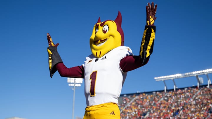 Nov 30, 2024; Tucson, Arizona, USA; Arizona State Sun Devils mascot Sparky during the Territorial Cup at Arizona Stadium. Mandatory Credit: Mark J. Rebilas-Imagn Images Nov 30, 2024; Tucson, Arizona, USA; Arizona State Sun Devils mascot Sparky during the Territorial Cup at Arizona Stadium. Mandatory Credit: Mark J. Rebilas-Imagn Images