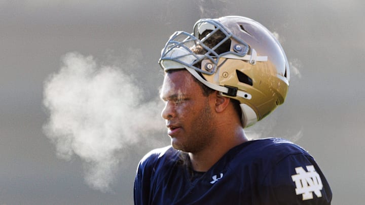 Notre Dame offensive lineman Charles Jagusah during a Notre Dame football spring practice at Irish Athletic Center on Wednesday, March 26, 2025, in South Bend.
