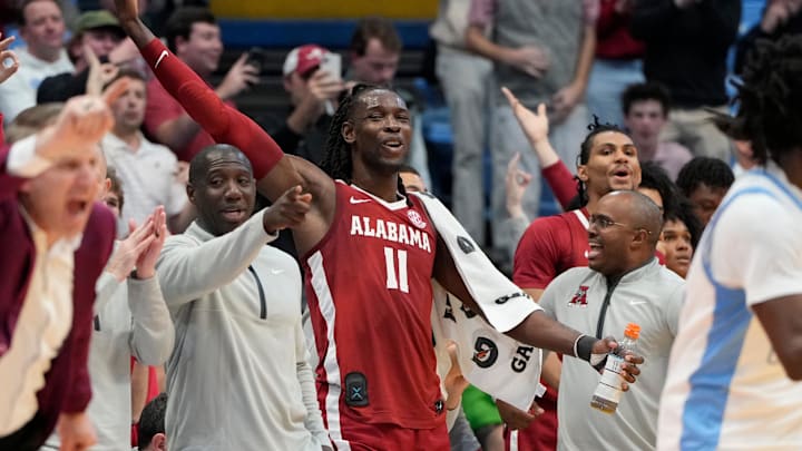 Dec 4, 2024; Chapel Hill, North Carolina, USA; Alabama Crimson Tide center Clifford Omoruyi (11) reacts in the second half at Dean E. Smith Center.