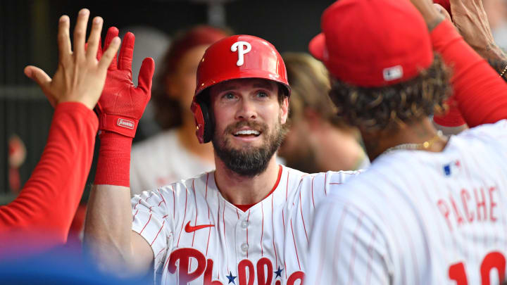 Jun 3, 2024; Philadelphia, Pennsylvania, USA; Philadelphia Phillies outfielder David Dahl (35) celebrates his home run.