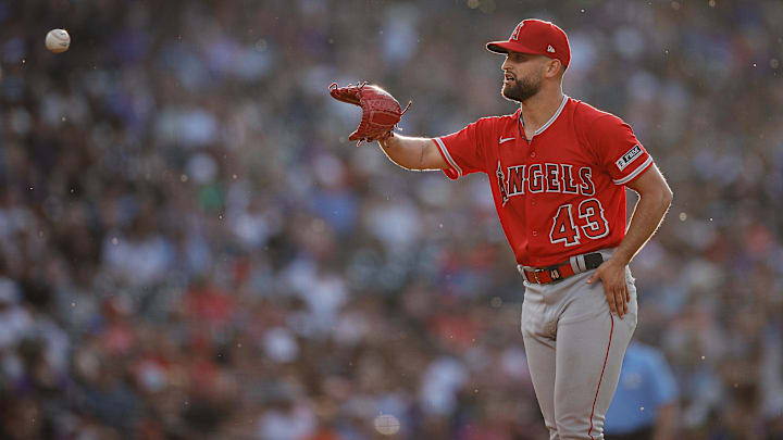 Jun 23, 2023; Denver, Colorado, USA; Los Angeles Angels starting pitcher Patrick Sandoval (43) on