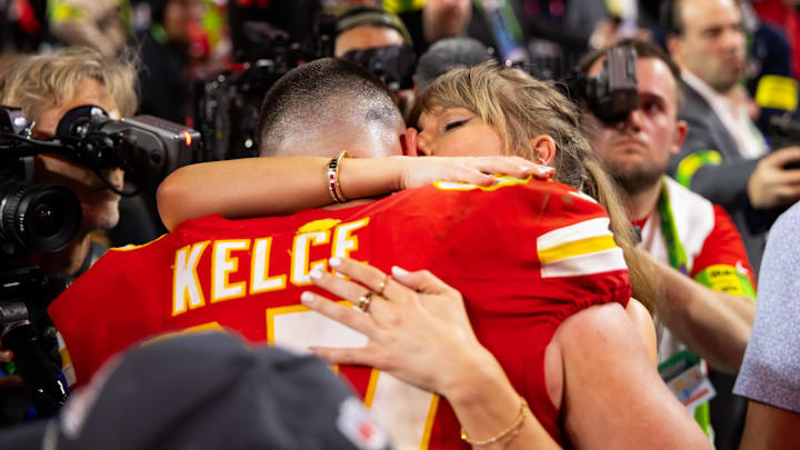 Travis Kelce and Taylor Swift celebrate the Chiefs' Super Bowl win